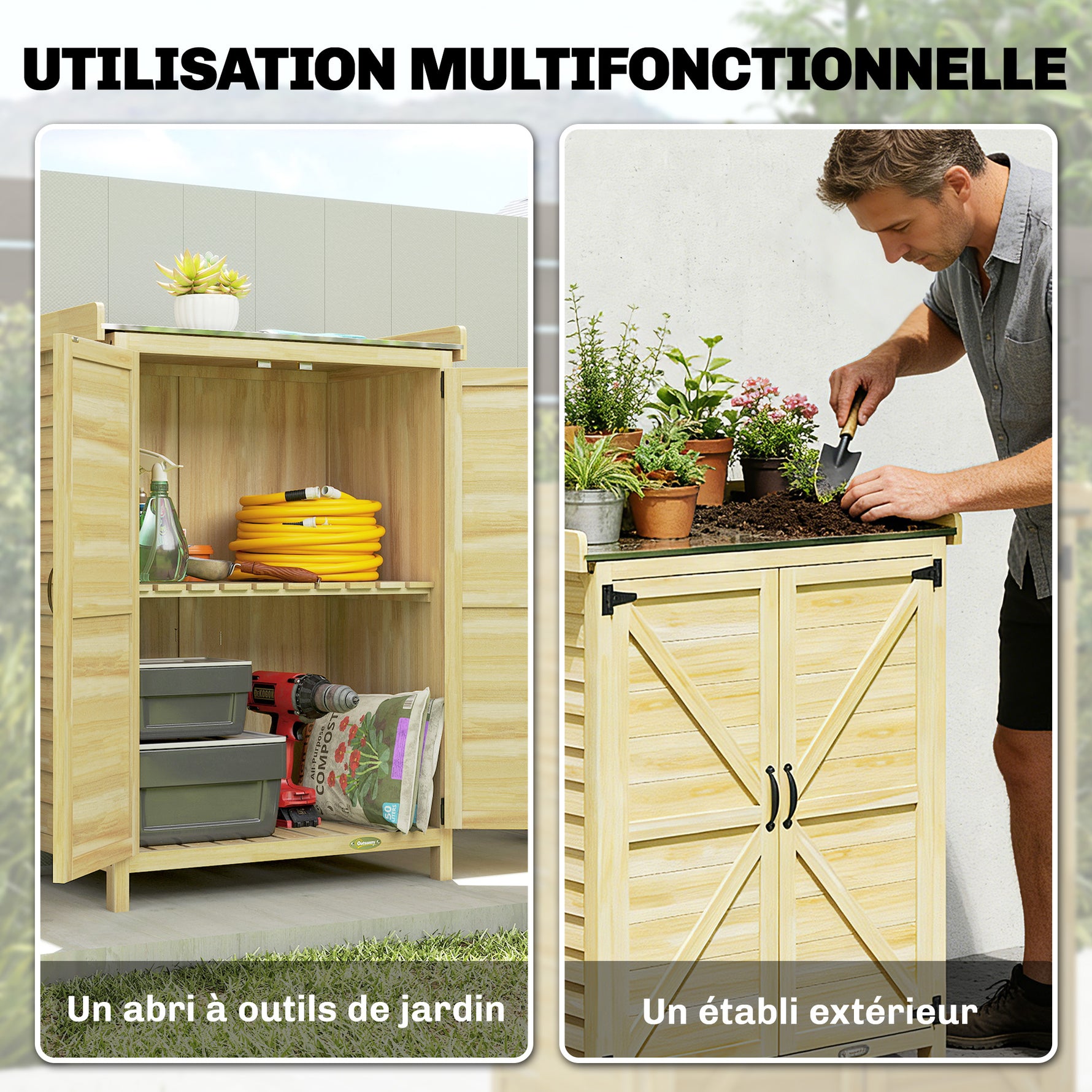 Armoire de jardin, armoire extérieure de rangement en bois, plan de travail en métal galvanisé, 71,5x39x95cm, naturel