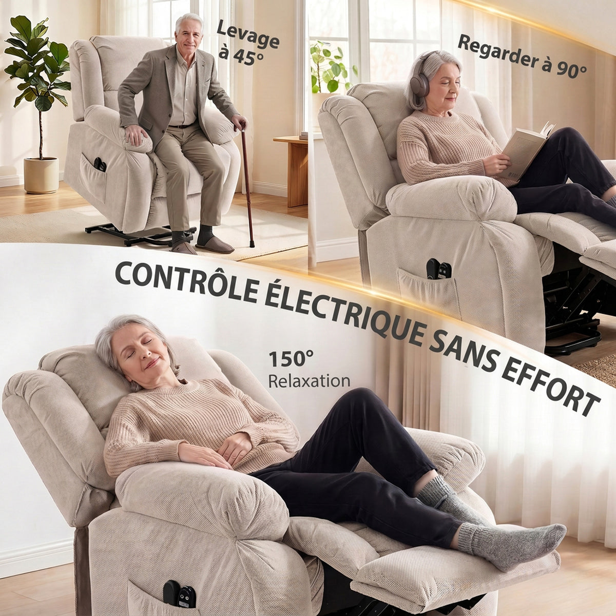 Elektrische sta-op-stoel, massage en verwarming, voetensteun, verstelbare rugleuning, afstandsbediening, 93x104x100cm, beige
