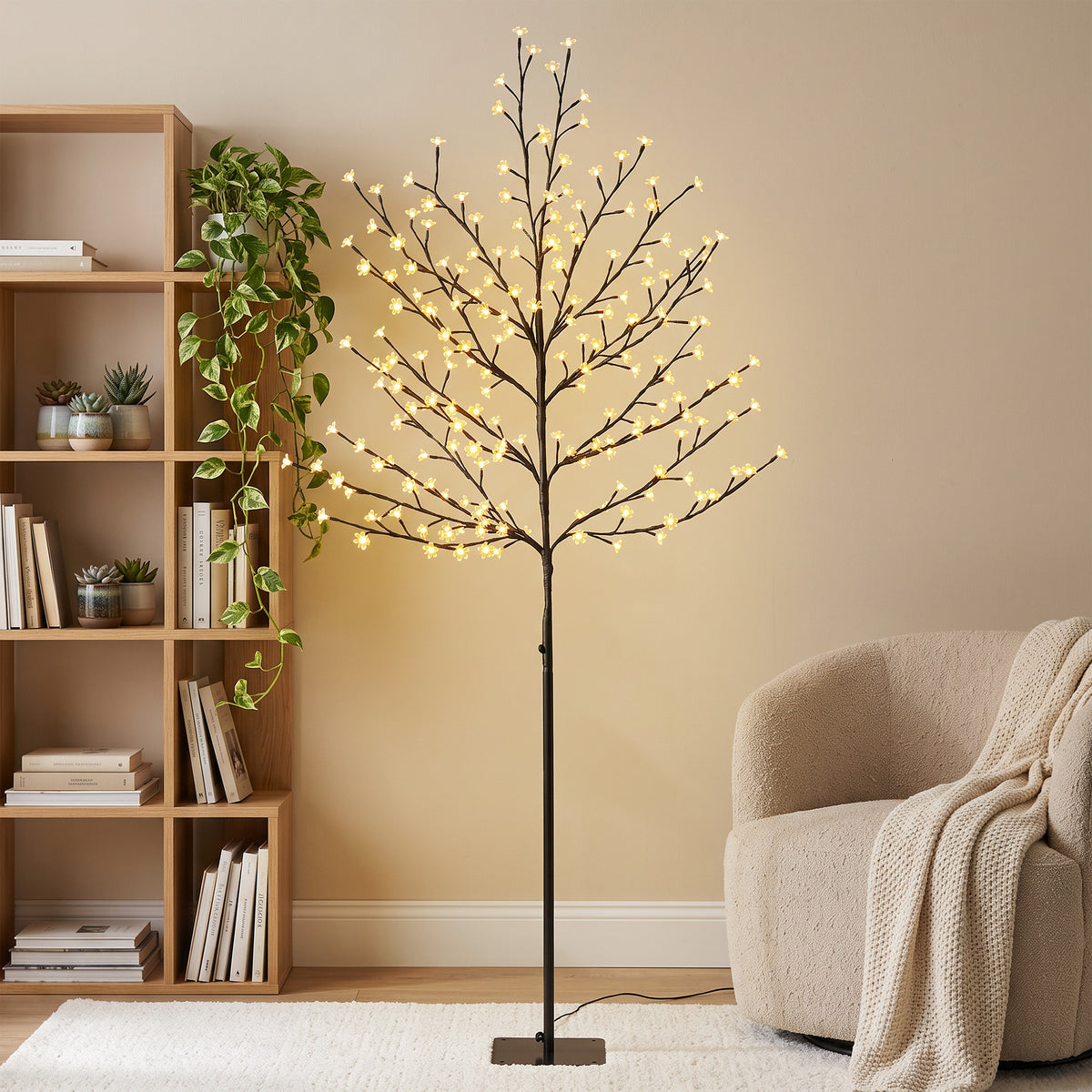 Árbol luminoso 180 cm Cerezo artificial luminoso, 200 LED y 20 ramas flexibles, decoración interior y exterior