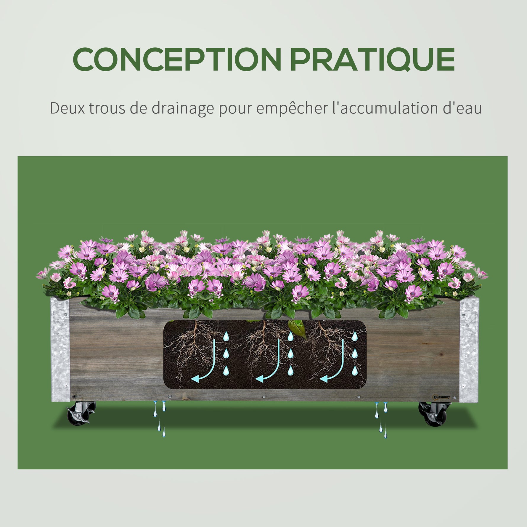 Jardinière sur roulettes - jardinière rectangulaire - Inserts d'irrigation, Feutre de Drainage gris
