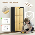 Meuble à chaussures 18 paires avec 3 tiroirs rabattables, portes en bambou à lattes, 60x24x118cm, noir et bois naturel