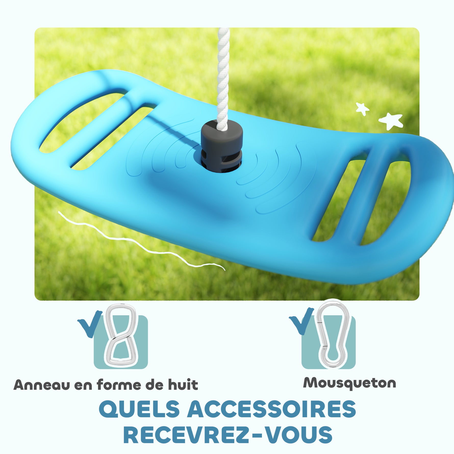 Balançoire enfant extérieur et intérieur avec corde réglable, mousqueton, charge max. 70 kg, bleu