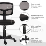 Chaise de bureau sans accoudoirs, fauteuil de bureau en maille, hauteur réglable, assise rembourré, pivotant 360°, noir