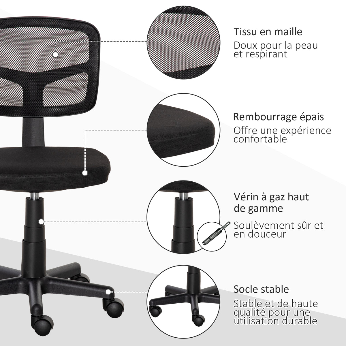 Chaise de bureau sans accoudoirs, fauteuil de bureau en maille, hauteur réglable, assise rembourré, pivotant 360°, noir