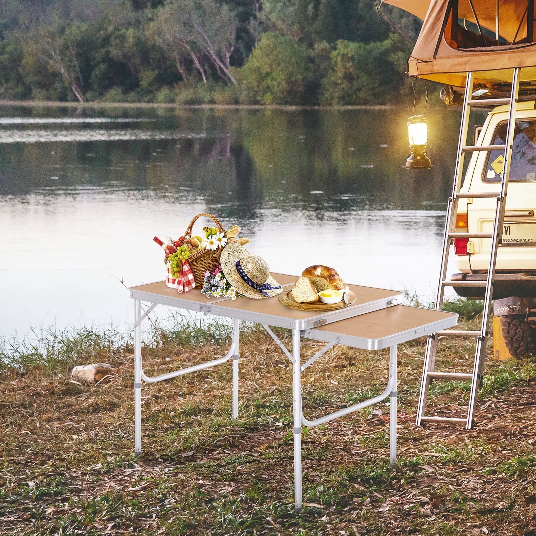 Table de camping pliante avec rallonge alu. MDF imitation bambou
