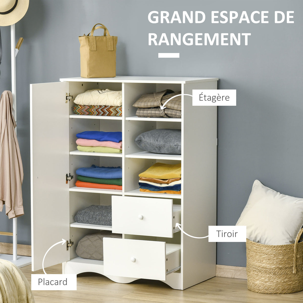 Armoire avec Porte et 5 étagères, 3 niches, 2 tiroirs, meuble de rangement blanc pour chambre, salon, bureau