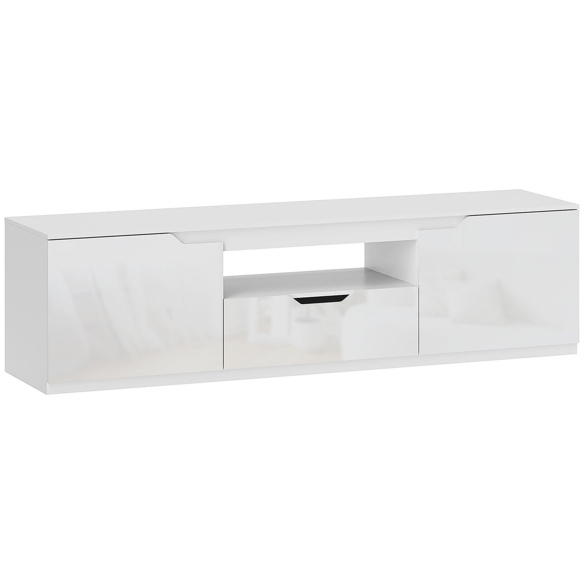 Meuble TV 160 cm, meuble télé pour téléviseur jusqu'à 65 pouces avec 2 portes et tiroir, blanc