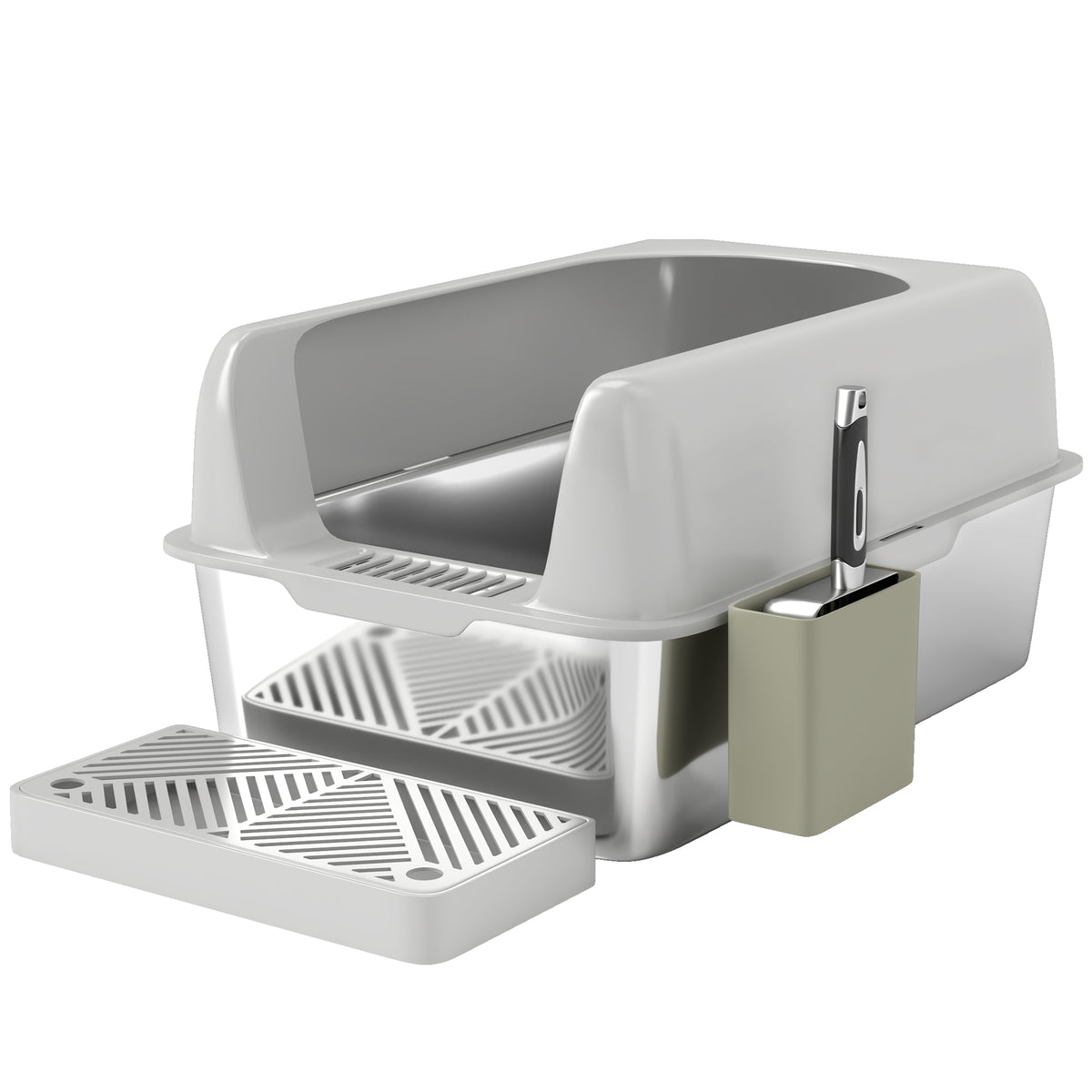 Bac à litière pour chat en acier inoxydable facile à nettoyer avec bords hauts anti-fuite d'urine, pelle inclus, gris