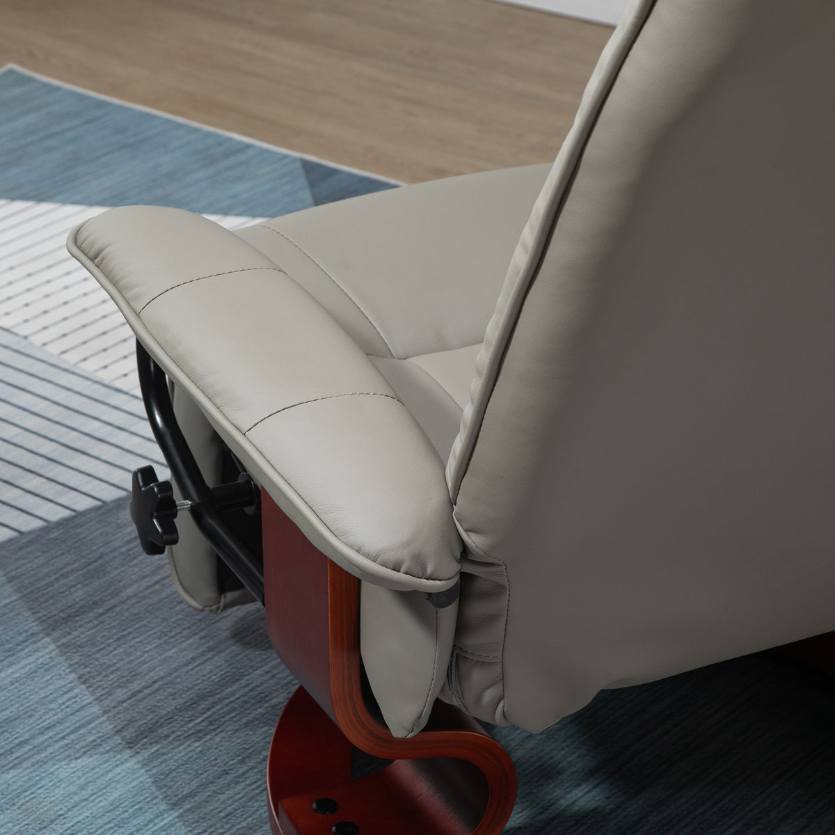 Fauteuil relax inclinable repose-pieds réglable pivotant 360° piètement bois revêtement PU respirant et doux gris