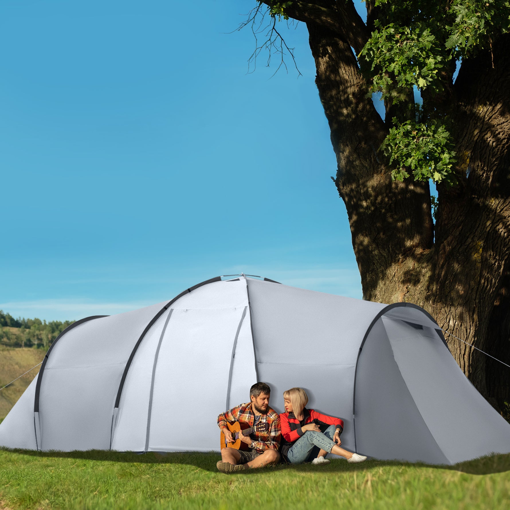 Tente de camping familiale 4 personnes dôme 2 chambres 1 séjour et 1 auvent anti-UV Imperméable 2000 mm multicolore