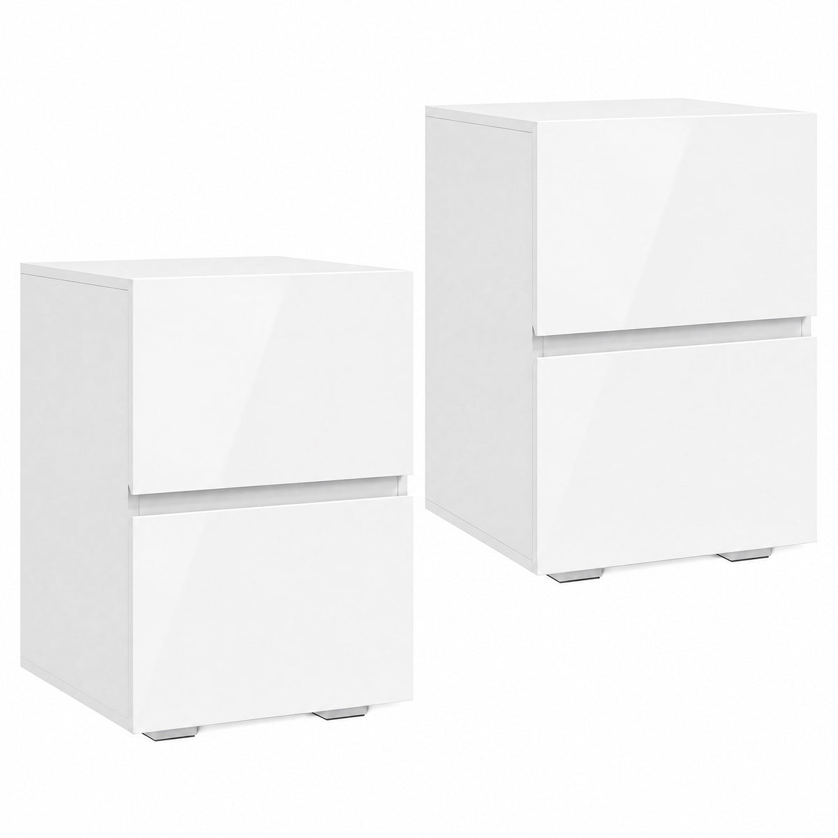 Set di 2 Comodini, Tavolini con 2 Cassetti, Frontali Lucidi, Ampio Piano, 40x40x58cm, Bianco