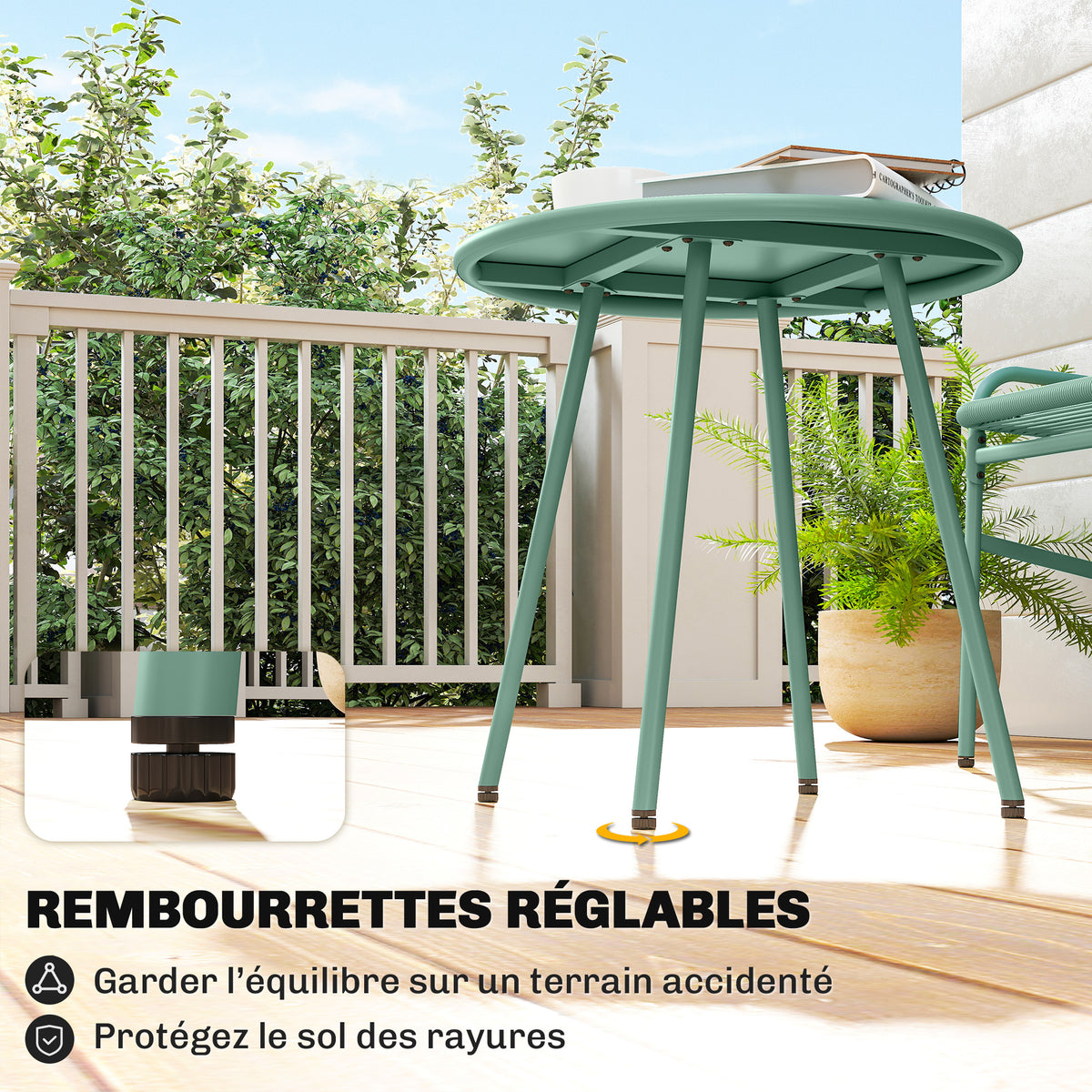 Salon de Jardin Extérieur 3 Pièces en Résine Tressée et Acier, Table de Jardin Ronde avec 2 Chaises, 58x67x75cm, Vert