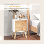 Chevet Table de Nuit Design scandinave 40L x 30l x 56H cm tiroirs Bois Massif pin MDF Blanc et hêtre Motif Graphique