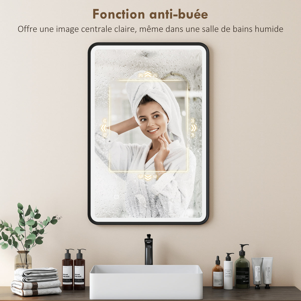 Miroir salle de bain avec éclairage 90 x 60 cm, miroir LED mural, anti-buée, 3 couleurs lumière, dimmable, noir