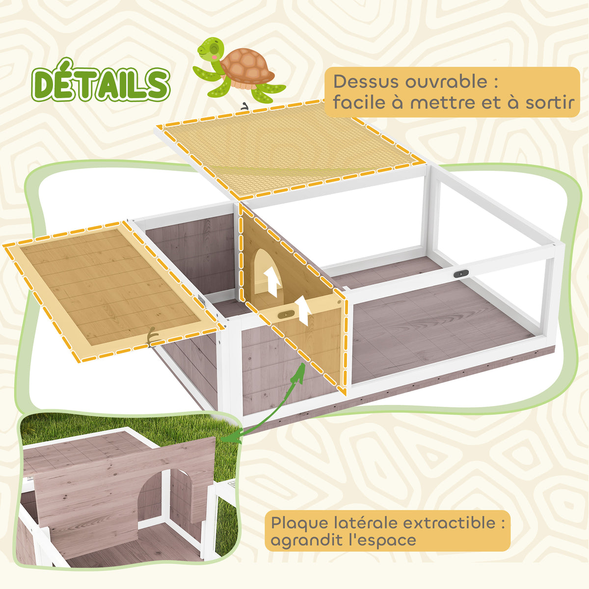 Maison enclos cage habitat pour petit animal tortues avec 2 espaces 91 x 60,5 x 32 cm bois massif marron clair