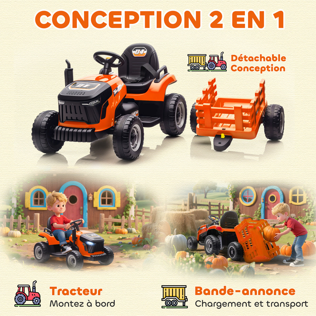 Elektrischer Kindertraktor mit abnehmbarem Anhänger, Elektroauto für Kinder, 2,4G-Fernbedienung, 139x58x55cm, orange