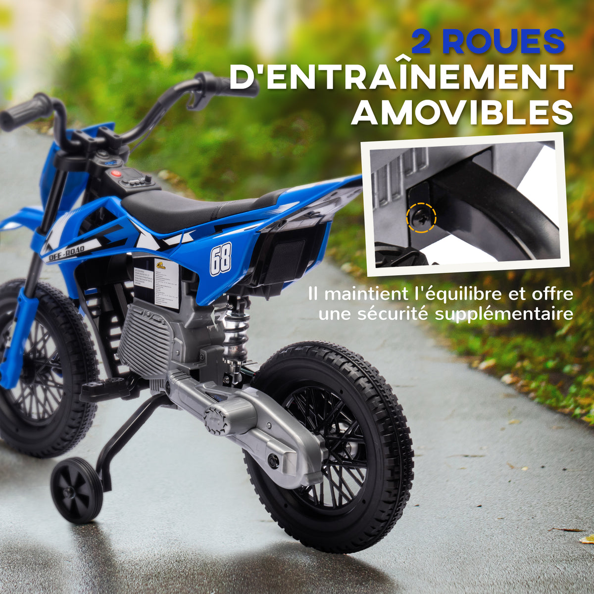 Moto électrique pour enfant moto cross pour enfants de 3 à 6 ans 2 moteurs 12V vitesse 5 km/h 109,5x60x72,5cm bleu