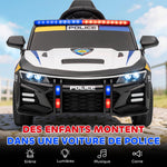 Voiture électrique de police enfant 12V, double moteur, télécommande, USB, MP3, musique & klaxon, multicolore