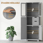 Meuble de salle de bain haut, meuble de rangement avec 4 portes dont 2 vitrées, 2 tiroirs et étagères réglables, gris