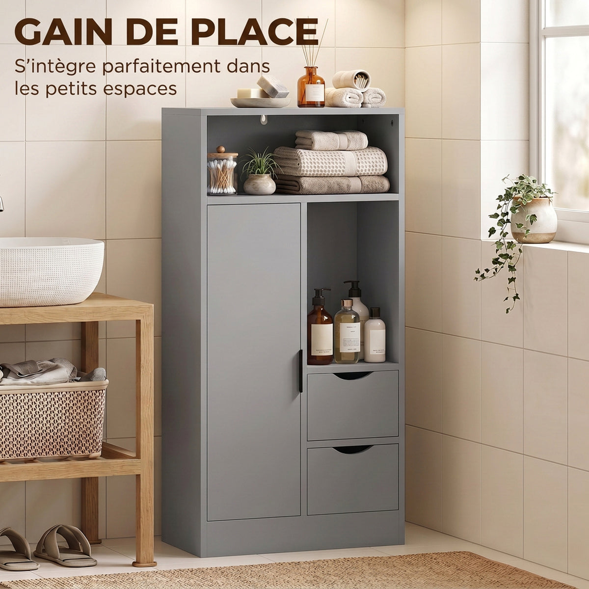 Mobiletto da bagno, mobile contenitore stretto con 2 cassetti, scomparti a giorno, 50x25x100 cm, grigio