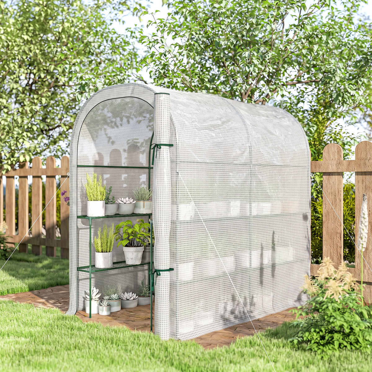 Serre de jardin avec étagères, 123x187x189cm, petite serre avec porte enroulable, bâche PE haute densité 140 g/m², blanc