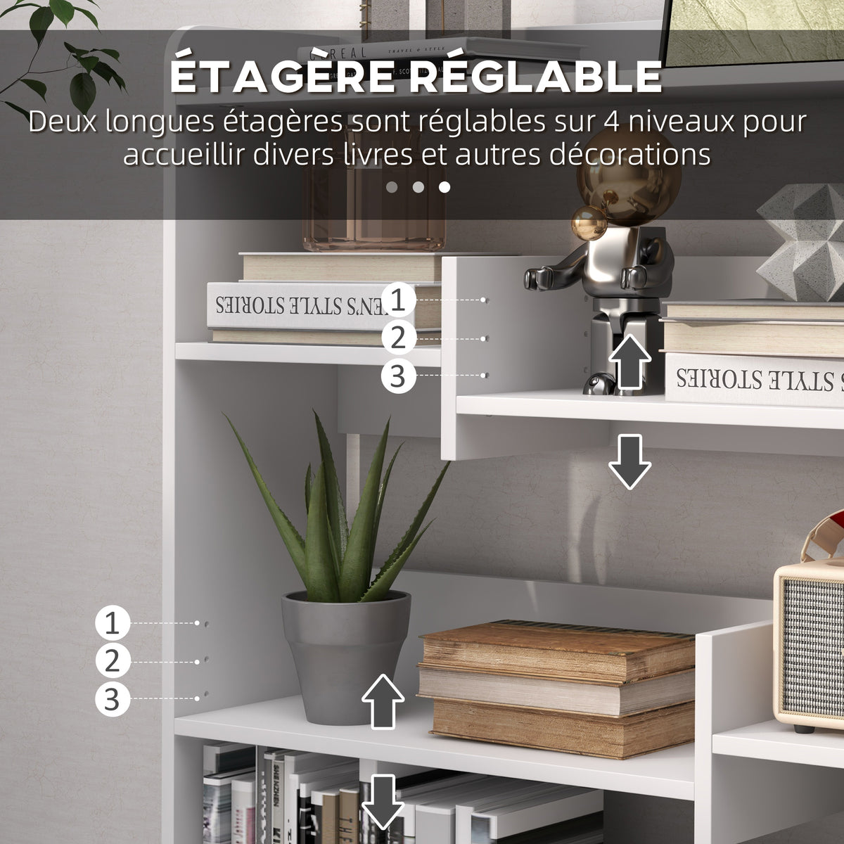 Bibliothèque étagère Meuble de Rangement dim. 90L x 24l x 91H cm 4 Niveaux 3 Panneaux arrières Panneaux de Particules Blanc