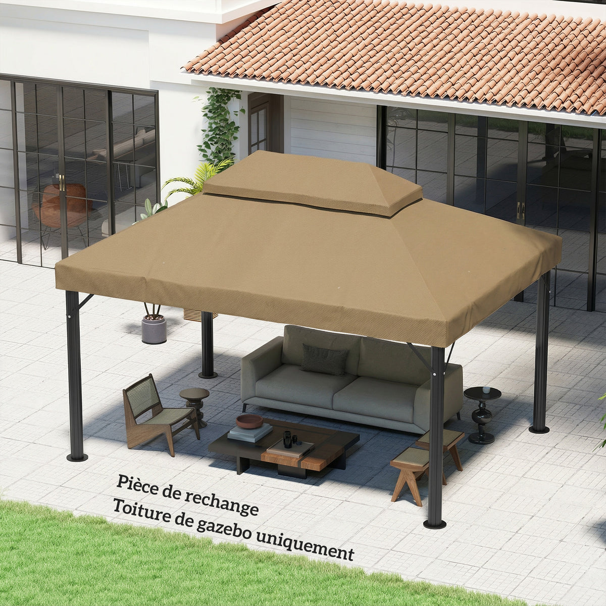 Ordezko oihala 4 x 3 m-ko begiratokirako, teilatu bikoitza drainatze-zuloekin, 370 g/m²-ko poliesterra, beixa
