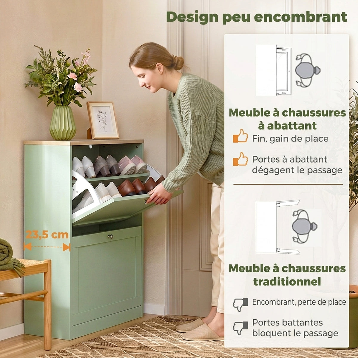Meuble à Chaussures 12 Paires, Armoire à Chaussures Étroite avec 2 Tiroirs, Étagères Réglables, 60 x 23,5 x 80 cm, Vert