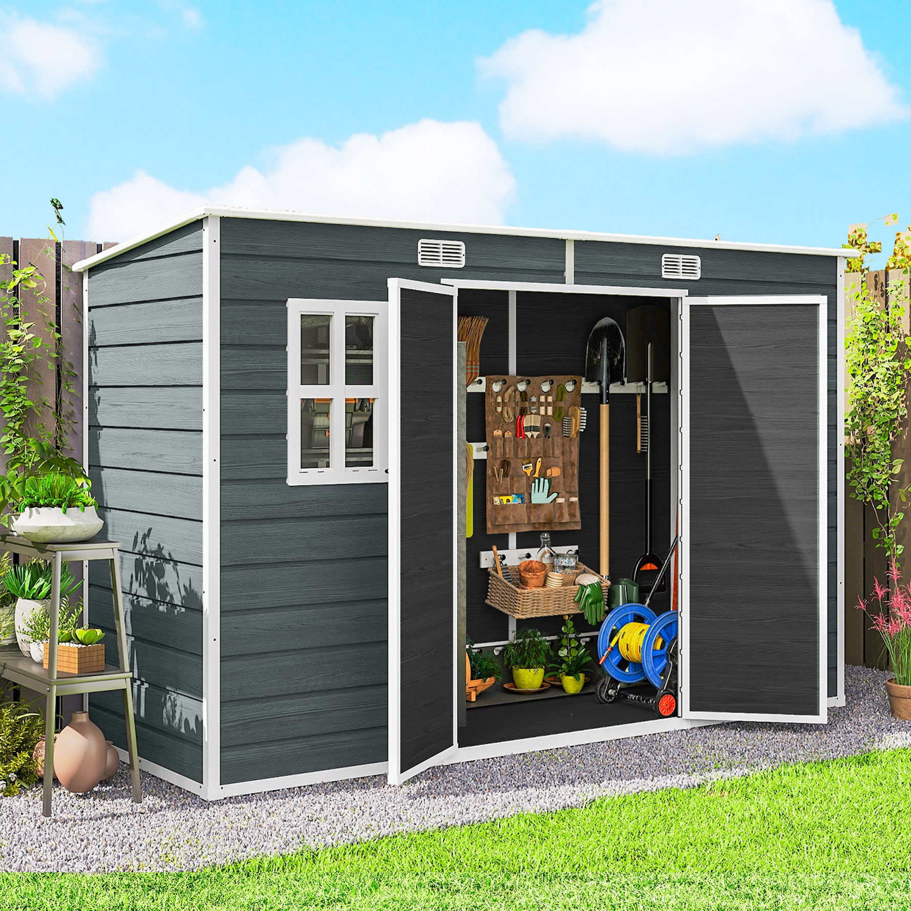 Abri de jardin en plastique, avec plancher, 303 x 123 x 197 cm, effet bois gris