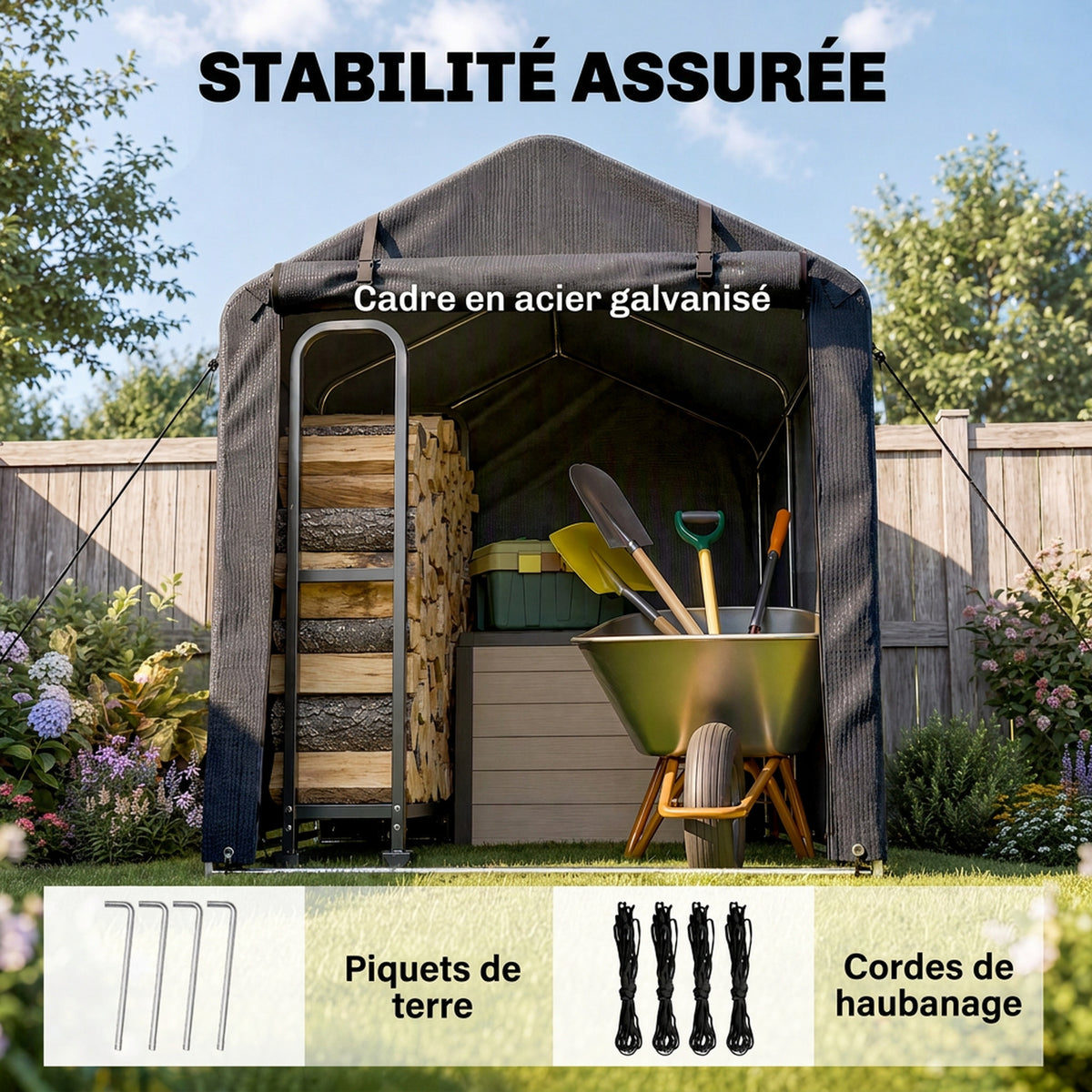 Abri de jardin 2 x 1,6 x 1,65 m abri vélo extérieur cadre en métal galvanisé, imperméable résistant aux UV, gris foncé