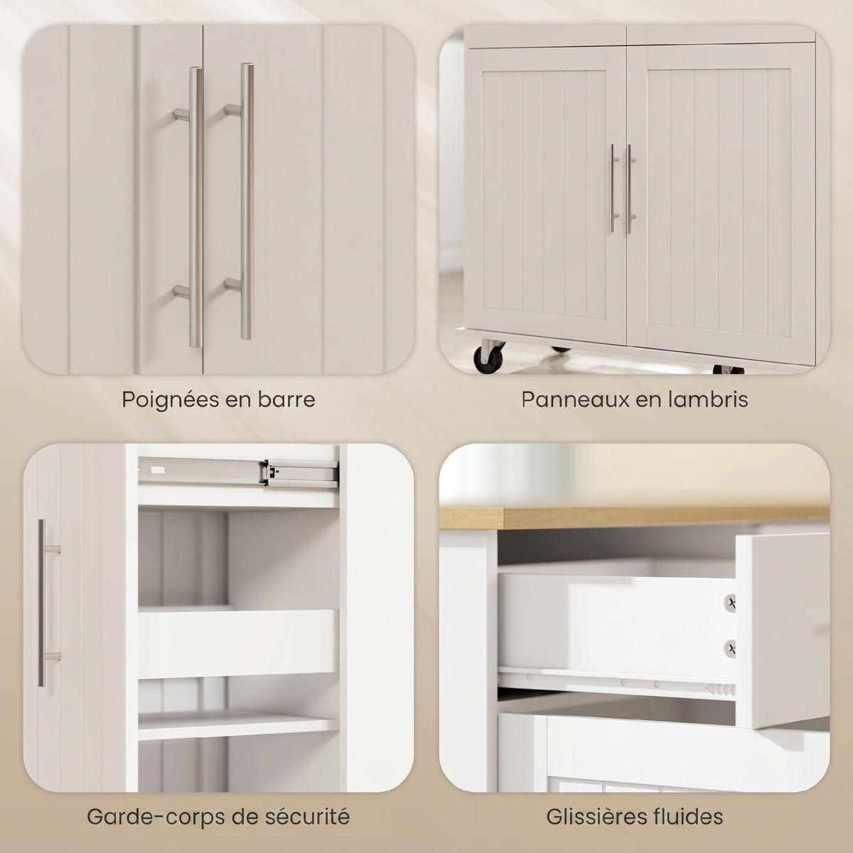 Îlot Central Cuisine avec Plateau Rabattable, Roulettes, 2 Tiroirs, Portes à Fermeture Douce, Porte-Serviettes, Blanc