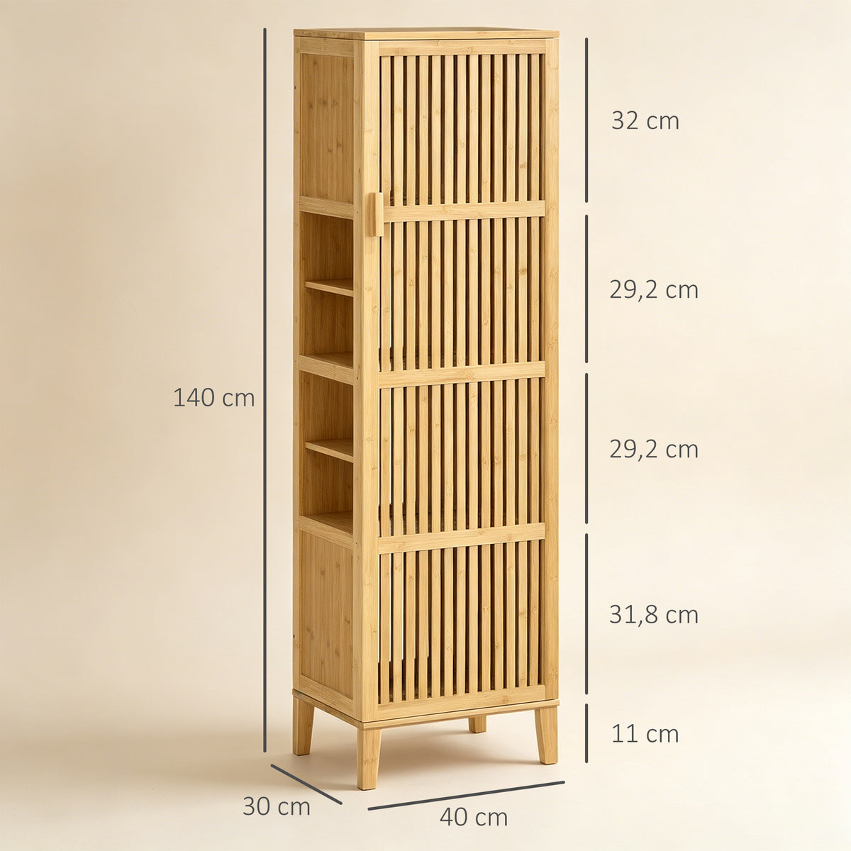 Meuble de rangement en bambou avec étagères et porte design à lamelles pour salle de bain chambre salon 40 x 30 x 140 cm