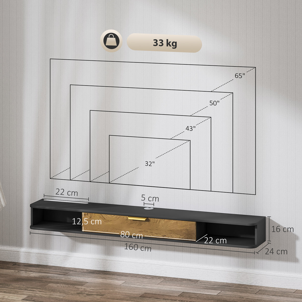 Meuble TV suspendu avec compartiments ouverts, porte rabattable et passe-câbles, 160 x 24 x 16 cm, gris