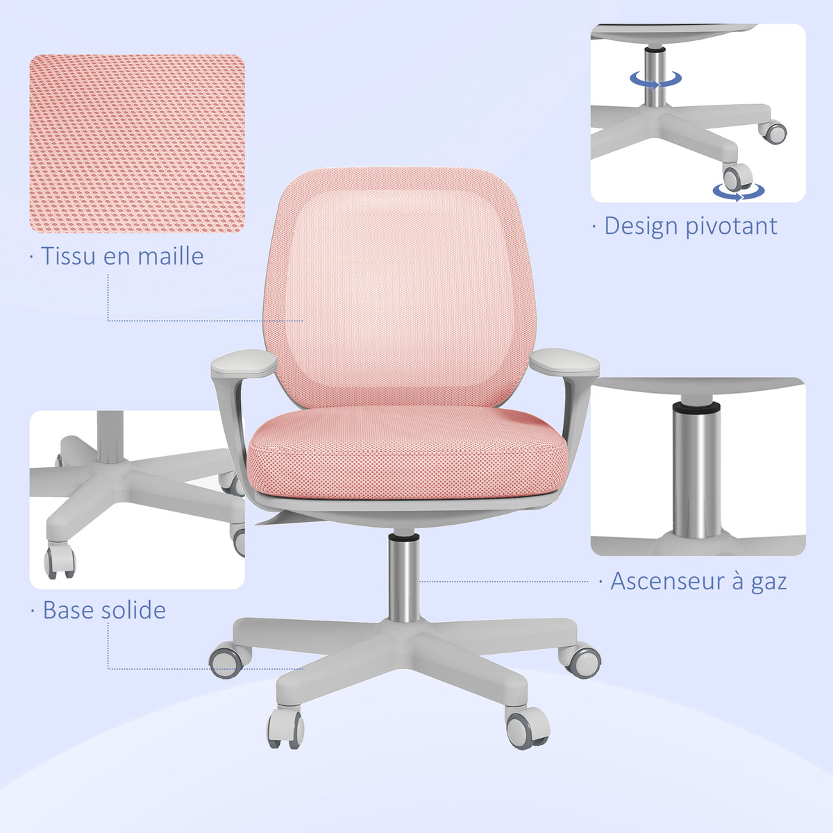 Fauteuil de bureau, chaise de bureau ergonomique en maille, hauteur réglable, 55x48x82,5-94,5cm, rose