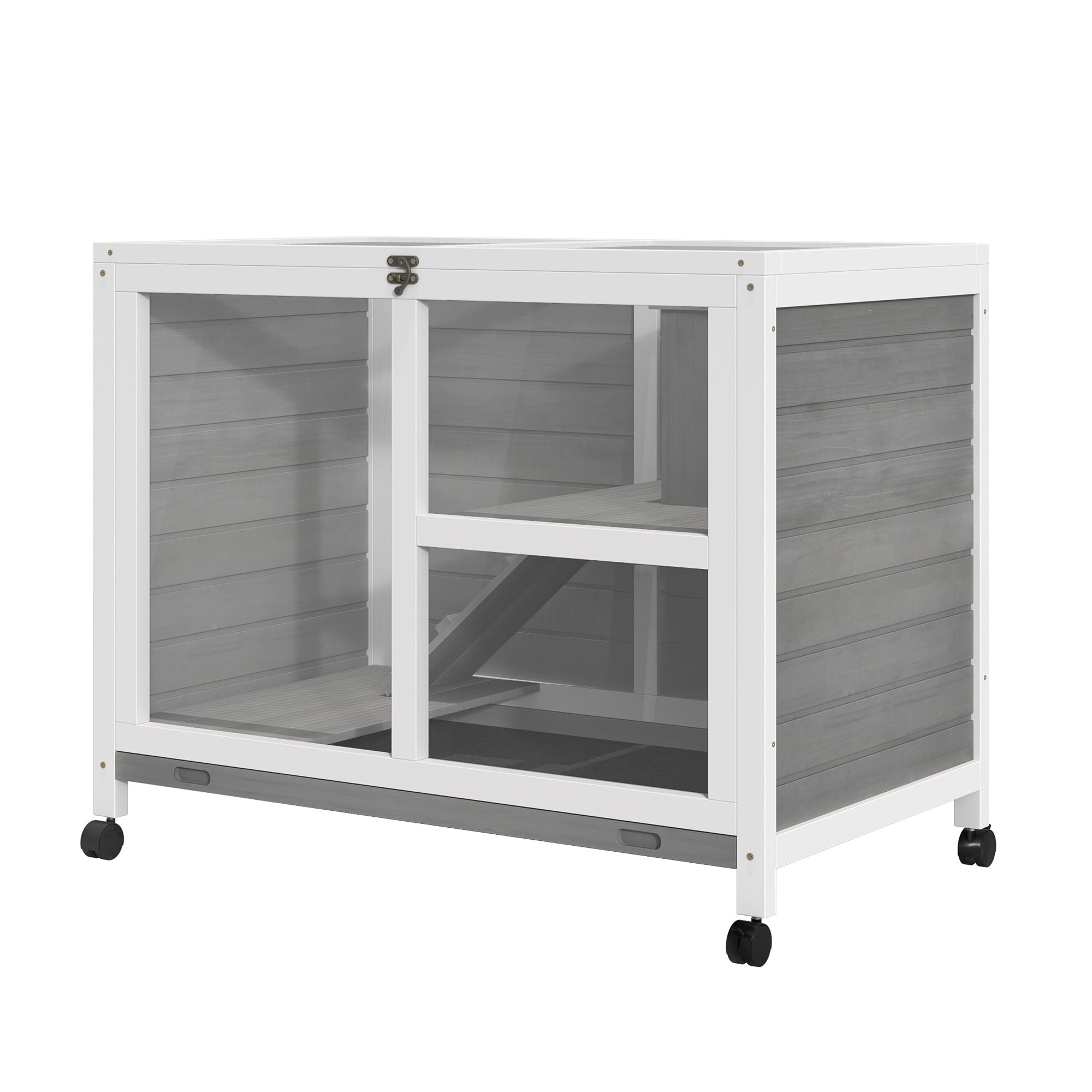Small wooden rabbit hutch on wheels, 2-tier animal enclosure with opening roof and platforms, 91.5 x 53.3 x 73 cm, gray