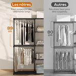 Armoire de rangement, penderie portable avec 3 barres de suspension et 4 étagères, 142 x 43 x 185 cm, noir