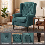 Gecapitonneerde salonfauteuil met brede zitting, houten poten, klassieke stijl, hoog comfort, 74 x 86 x 102 cm, groen