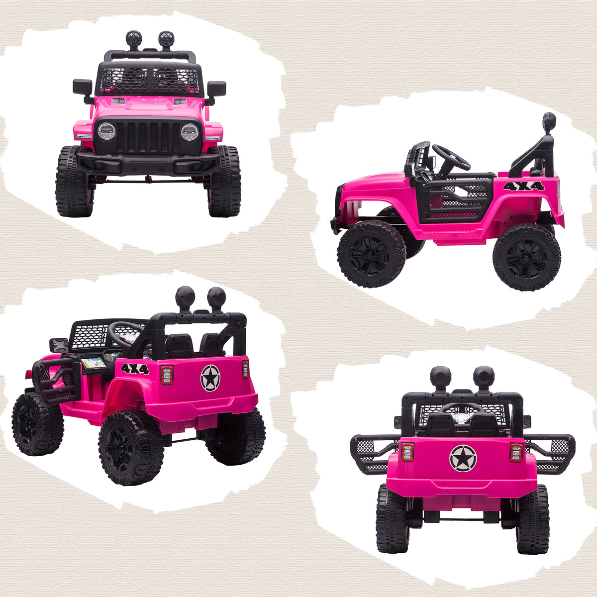 Coche eléctrico infantil, tracción trasera, 12 V, máx. 5 km/h, control remoto, efectos luminosos y sonoros, 100x65x72 cm, rosa