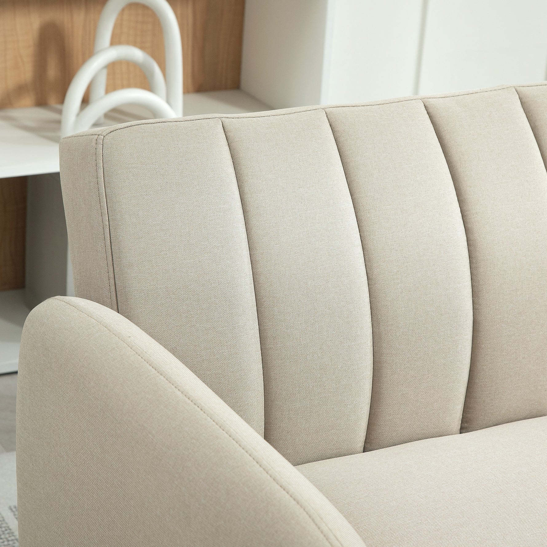 Canapé Convertible 2 Places Design scandinave Dossier inclinable 3 Positions Pieds Bois Tissu Aspect Lin Beige