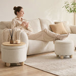 Ronde opbergpoef van jute, voetenbankje met deksel, poten van rubberwood, beige