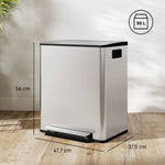 Poubelle de cuisine 2 compartiments de 2 x 25L, acier inoxydable, couvercle à fermeture douce, 47,7x37,5x56cm, argent