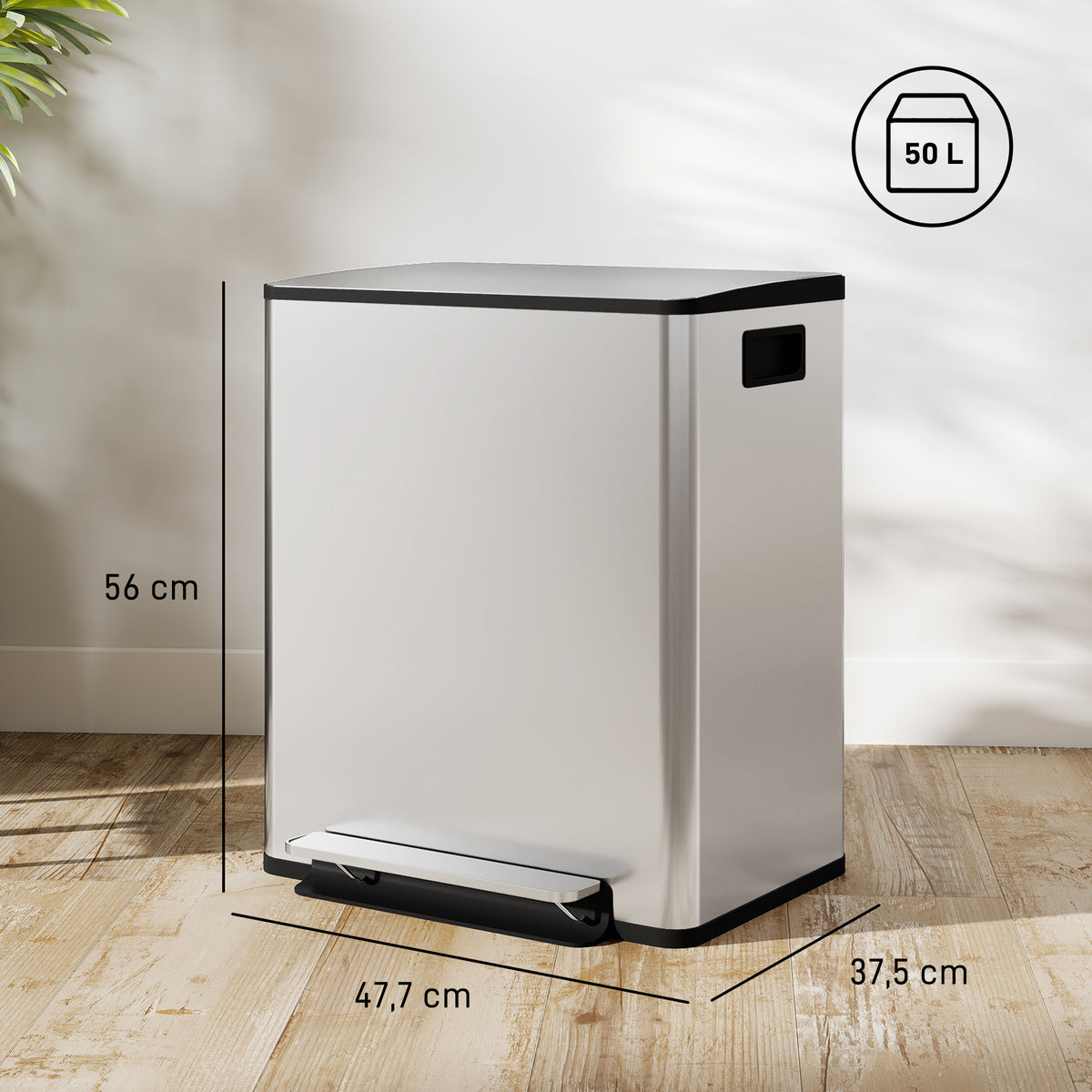 Poubelle de cuisine 2 compartiments de 2 x 25L, acier inoxydable, couvercle à fermeture douce, 47,7x37,5x56cm, argent