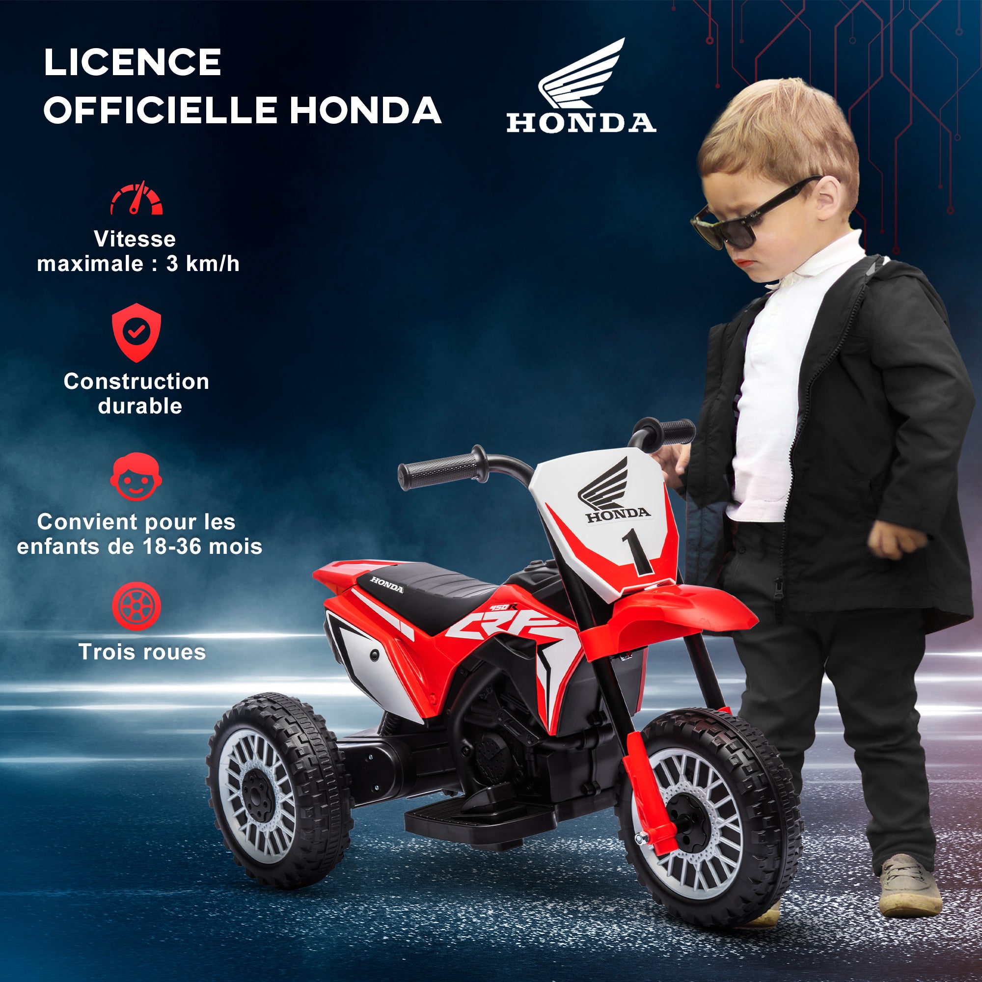 Moto cross éléctrique pour enfant licence Honda CRF450RL 3 roues batterie 6V enfants 18-36 mois rouge