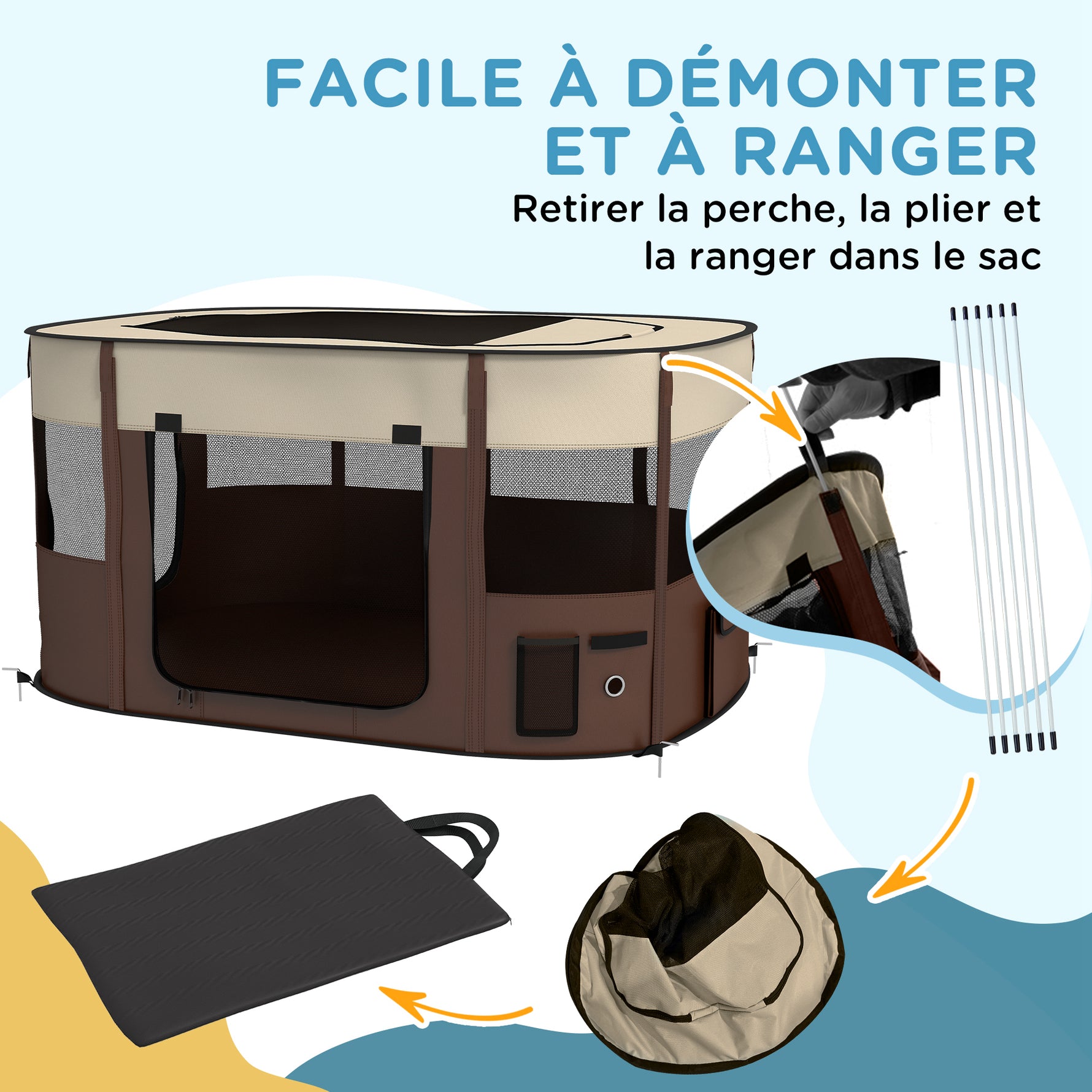 Parc pliable pour animaux de compagnie parc pour chiots en tissu Oxford avec fenêtres et portes sac de rangement marron