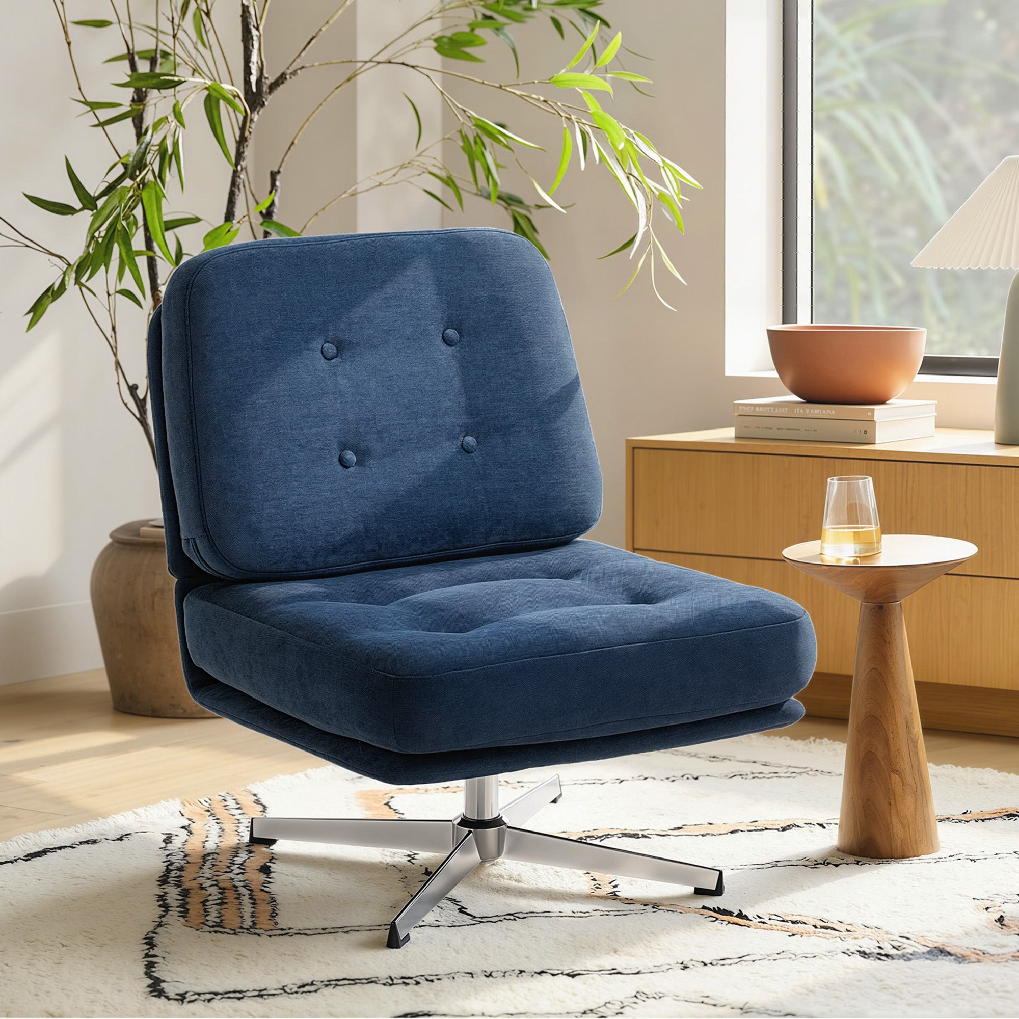 Armless living room armchair, swivel chair in chenille fabric, wide seat, crossed legs, 70 x 87 x 84 cm, dark blue