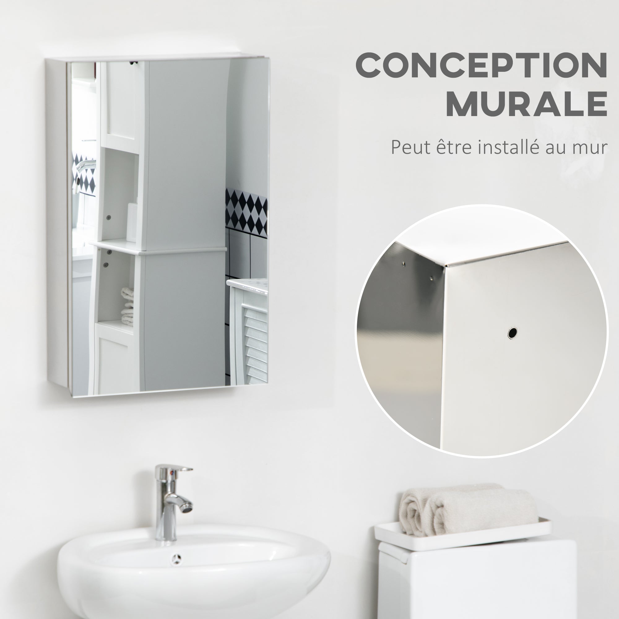 Armoire miroir de salle de bain en acier inoxydable armoire murale de toilette 39 x 12 x 60 cm