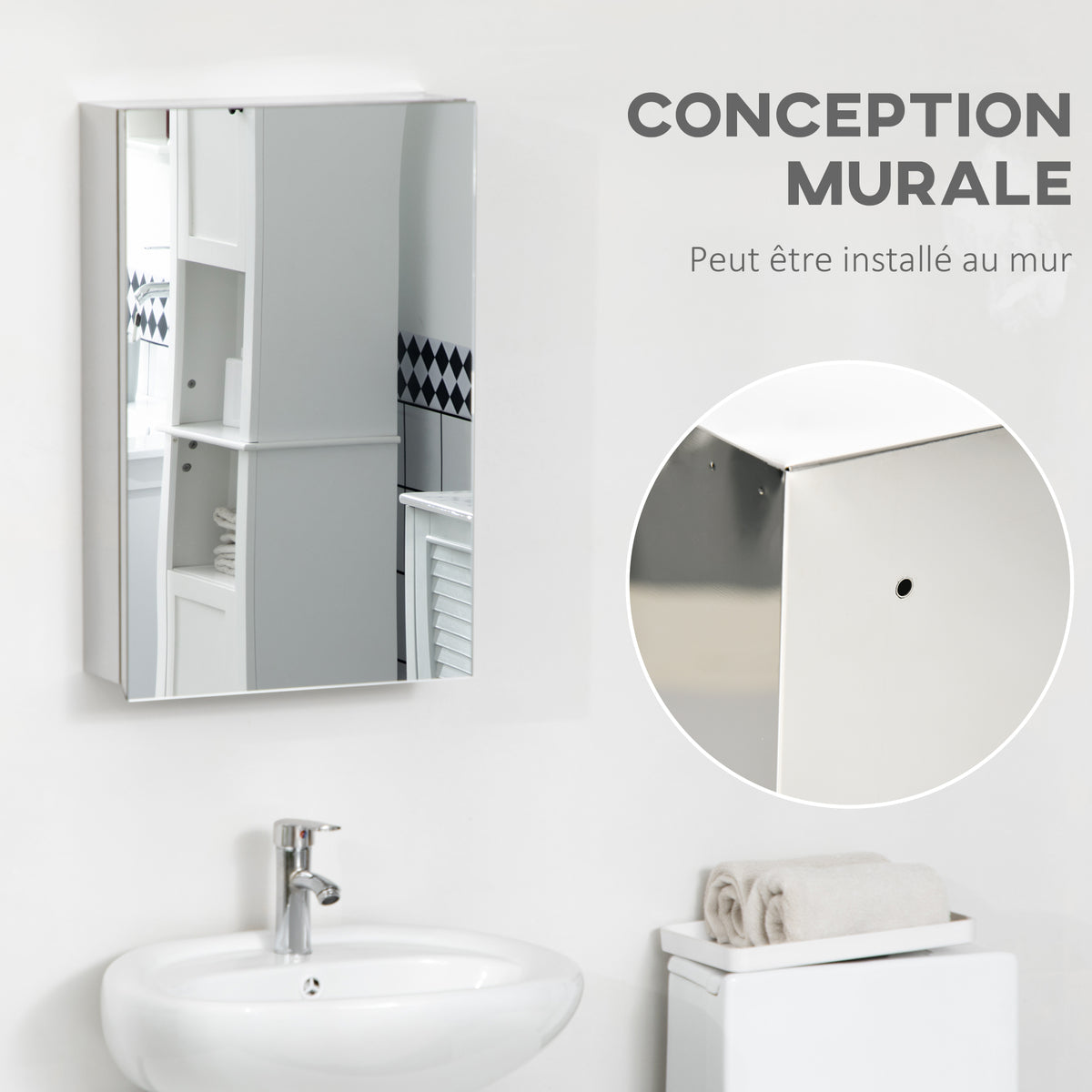 Armoire miroir de salle de bain en acier inoxydable armoire murale de toilette 39 x 12 x 60 cm