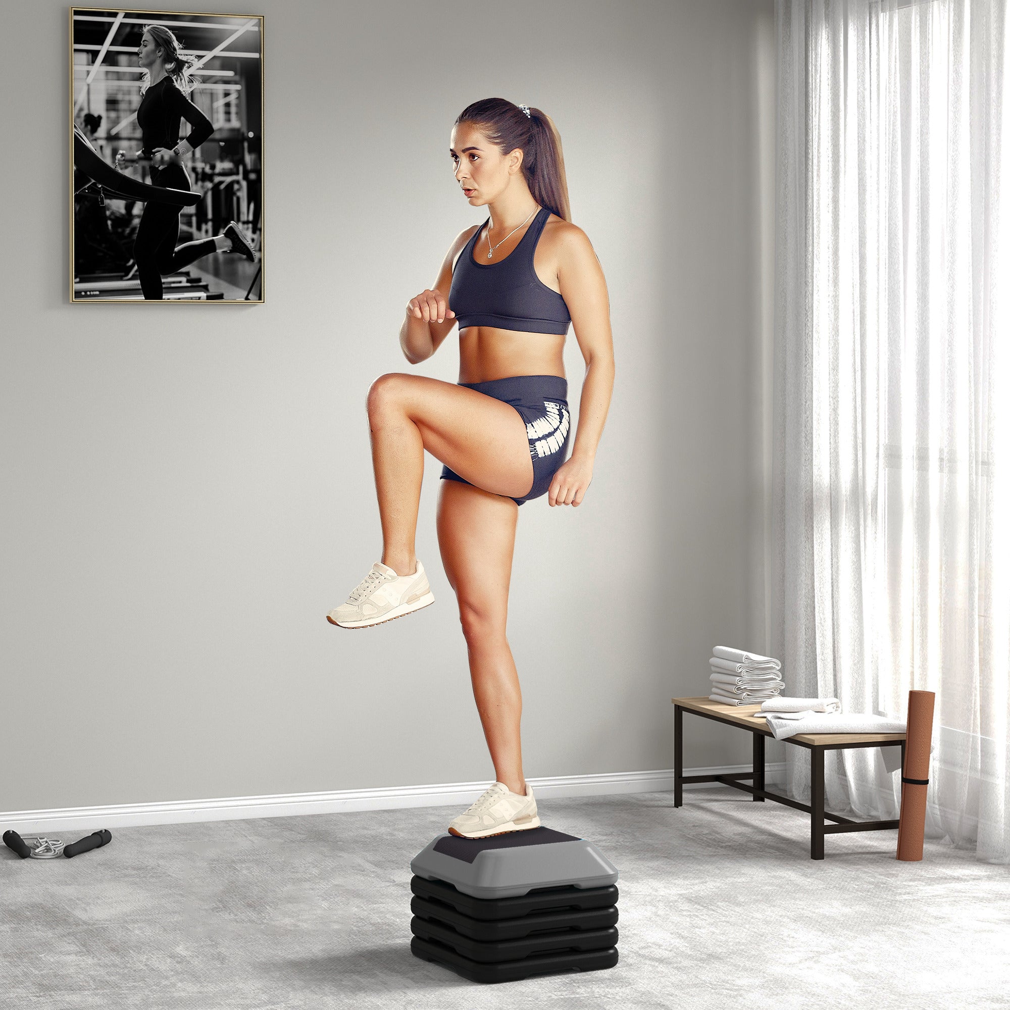Aerobic-Stepper, Fitness-Step, 5 höhenverstellbar 10/15/20/25/30 cm, Belastbarkeit 150 kg, Grau