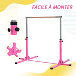 Barre Fixe de Gymnastique pour Enfant, Hauteur Réglable sur 13 Niveaux de 92-150 cm, en Acier et Bois de Hêtre, Barre de Gym d'Entraînement à Domicile, Antidérapant, Facile à Assembler, Rose