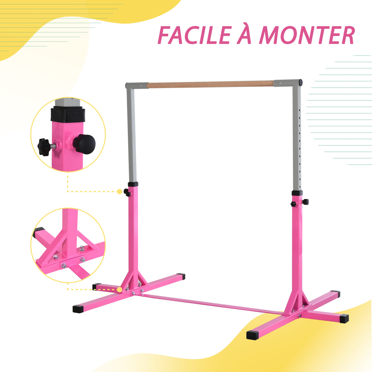 Barre Fixe de Gymnastique pour Enfant, Hauteur Réglable sur 13 Niveaux de 92-150 cm, en Acier et Bois de Hêtre, Barre de Gym d'Entraînement à Domicile, Antidérapant, Facile à Assembler, Rose